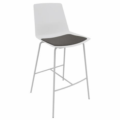 Barhocker, Stahlrohrgestell: Chrom, Kunststoffschale: Weiss, Polsterung: Stoff Dunkelgrau