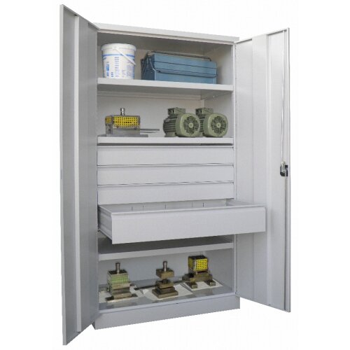 Schwerlastschrank 4 Schubladen, 3 Fachböden bis 120 kg pro Boden, Korpus: Lichtgrau, Türen: Anthrazitgrau