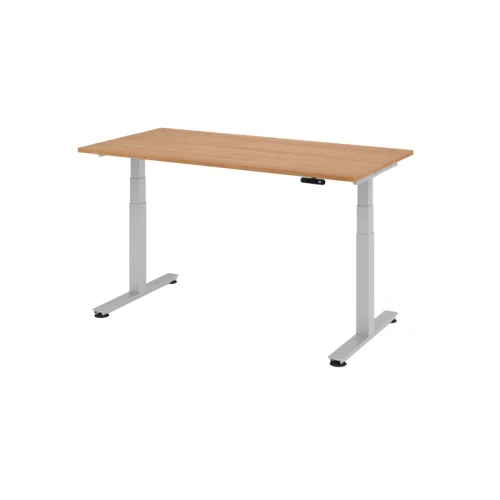 Elektrisch höhenverstellbarer Schreibtisch mit Memoryschalter 160 x 80 cm Nussbaum hell/Silber
