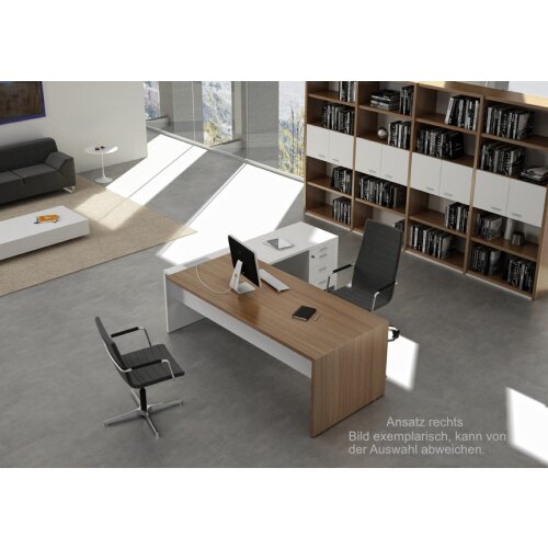 Schreibtisch Winkelkombination mit Container - Serie Davos, 200 cm / links, Dekor Tisch: Eukalyptus, Dekor Ansatz: Weiss