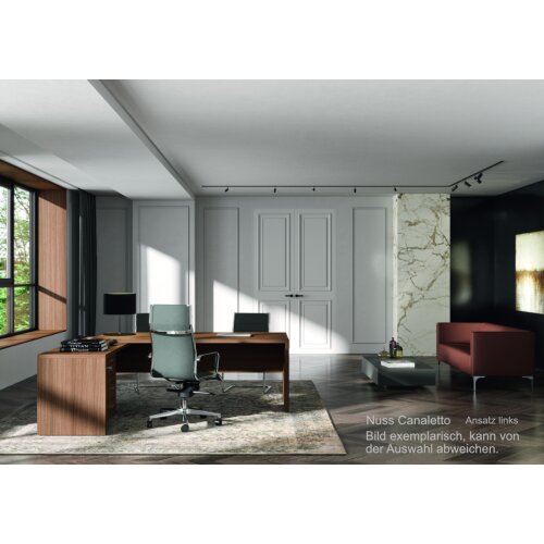 Schreibtisch Winkelkombination mit Container - Serie Davos, 200 cm / links, Dekor Tisch: Eukalyptus, Dekor Ansatz: Weiss