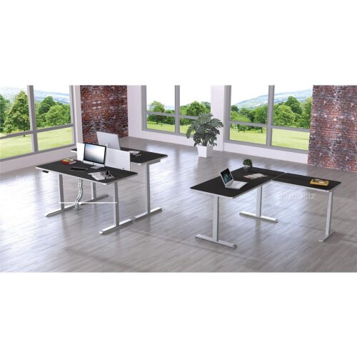 Elektrisch höhenverstellbarer Winkelschreibtisch Serie Star Höhenverstellung von 64-129 cm, im Maß: 180 x 180 cm, Dekor: Lichtgrau, Gestell:  Silber