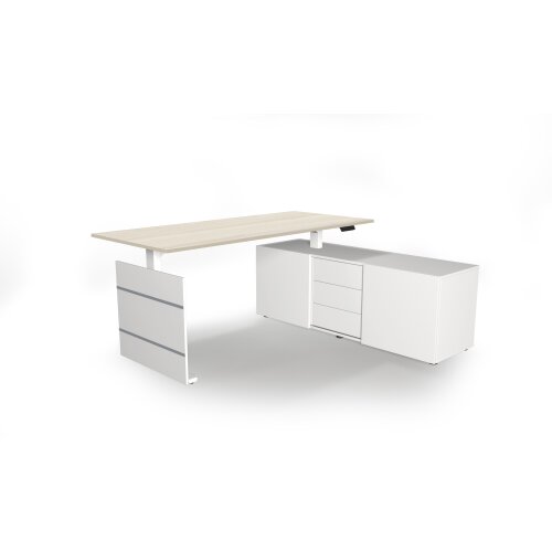 Elektrisch höhenverstellbarer Schreibtisch mit Anbausideboard Serie Flex, im Maß: 180 x 160 cm, Dekor: Ahorn, Gestell: Silber