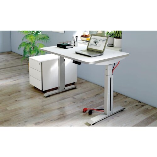 Elektrisch höhenverstellbarer Schreibtisch Profi Serie Star, mit abgerundeten Ecken, im Maß: 160 x 80 cm, Dekor: Lichtgrau, Gestell:  Silber