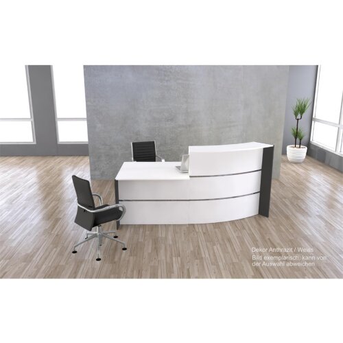 Empfangstheke Bogenform mit Beratungsplatz 229 cm breit, Dekor: Weiss, mit LED Beleuchtung, mit Stauraum