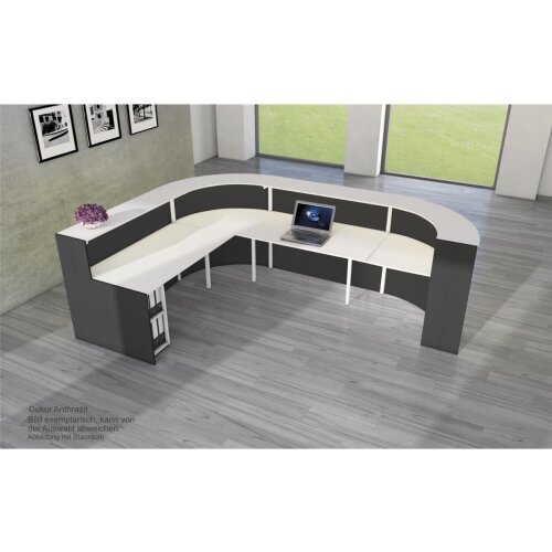 Empfangstheke L-Form, 325 cm breit, Dekor: Anthrazit / Weiss, mit Stauraum