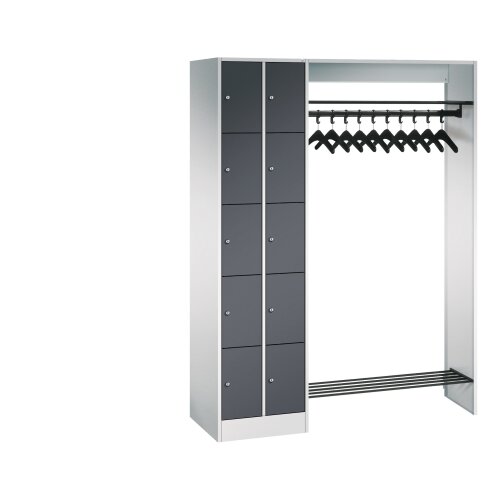 Offene Schliessfachgarderobe 10 Fächer Doppelsäule Abteilbreite 200mm Korpus RAL 7035 Lichtgrau, Türen RAL 7016 Anthrazitgrau
