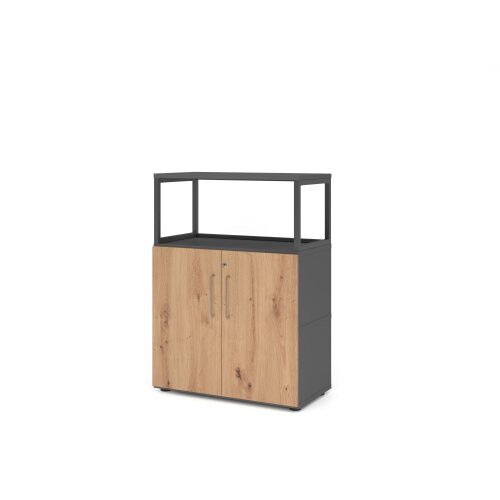 Aktenschrank Serie Klick, 3 OH, mit Rahmenelement, Korpus: Graphit, Front: Asteiche, Unterbau: auf Standfuß