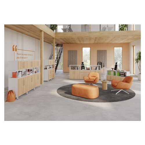 Aktenschrank Serie Klick, 3 OH, mit Rahmenelement, Korpus: Graphit, Front: Asteiche, Unterbau: auf Standfuß