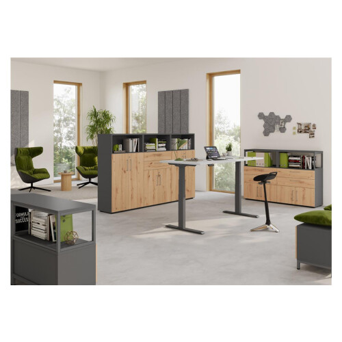 Kombi Aktenschrank Serie Klick, 4 OH, Korpus: Graphit,Front: Asteiche, Unterbau: auf Standfuß