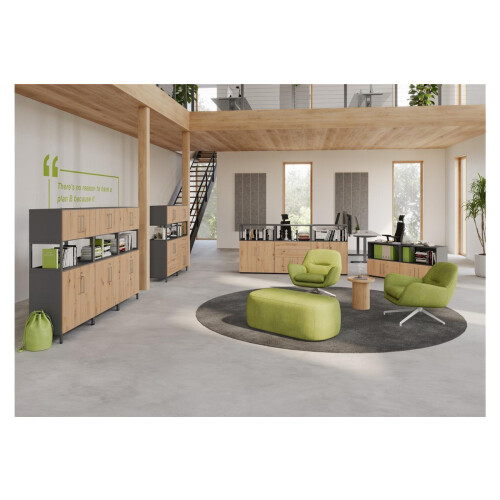 Kombi Aktenschrank Serie Klick, 4 OH, Korpus: Graphit,Front: Asteiche, Unterbau: auf Standfuß