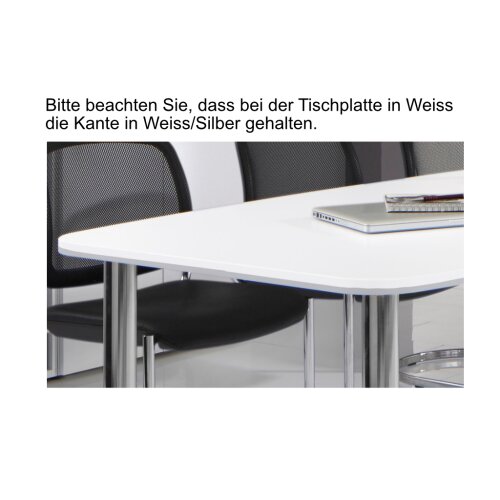 Konferenztisch Bootsform 400 cm mit Säulenfuß, Dekor: Weiss, Gestell: Silber