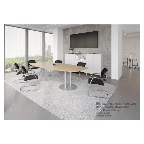 Konferenztisch Bootsform 400 cm mit Säulenfuß, Dekor: Weiss, Gestell: Silber