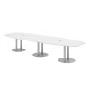 Konferenztisch Bootsform 400 cm mit Säulenfuß, Dekor: Weiss, Gestell: Silber