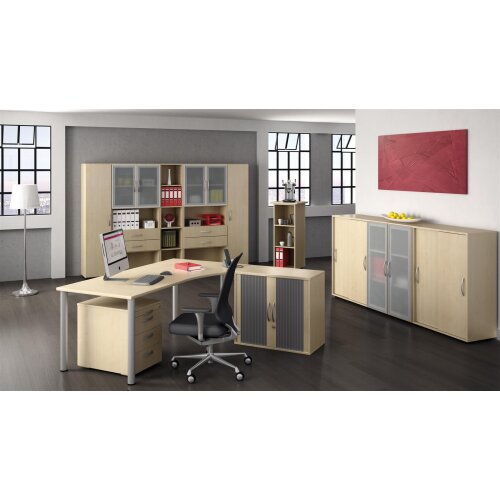 Schreibtisch PC-Form links  Rundfuss, höhenverstellbar, 180 cm breit Ahorn/Silber