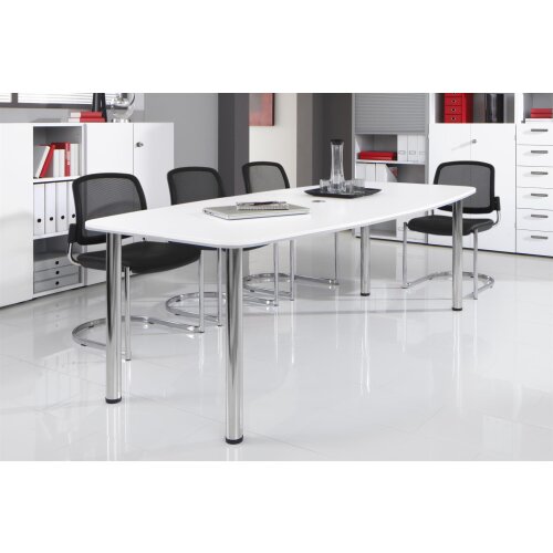 Konferenztisch in Bootsform 220 h. x 103. cm Weiss/Chrom