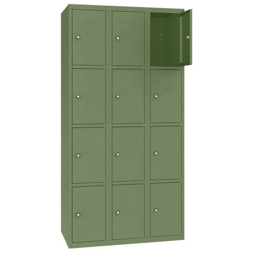 Stahl Schliessfachschrank Select 12 Fächer 300mm Abteilbreite Korpus Resedagrün RAL 6011 Türen Resedagrün RAL 6011