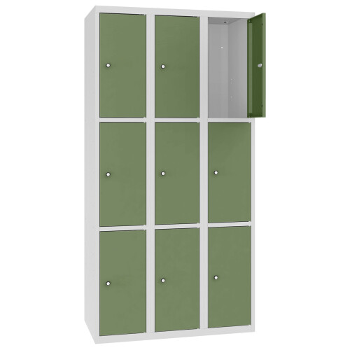 Stahl Schliessfachschrank Select 9 Fächer 300mm Abteilbreite Korpus Lichtgrau RAL 7035 Türen Resedagrün RAL 6011