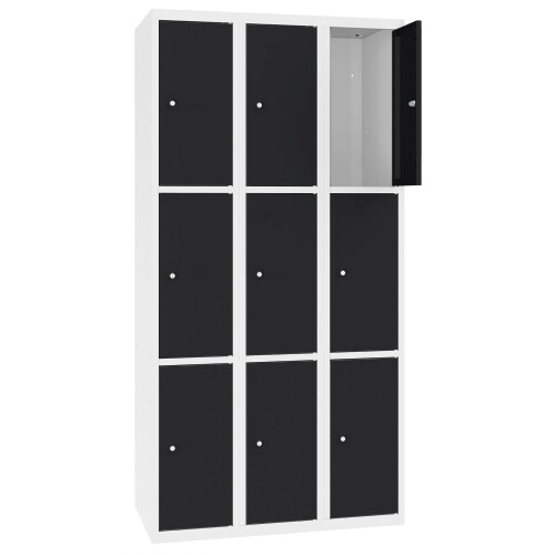 Stahl Schliessfachschrank Select 9 Fächer 300mm Abteilbreite Korpus Weiss RAL 9010 Türen Tiefschwarz RAL 9005
