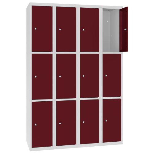 Stahl Schliessfachschrank Select 12 Fächer 300mm Abteilbreite Korpus Lichtgrau RAL 7035 Türen Weinrot RAL 3005