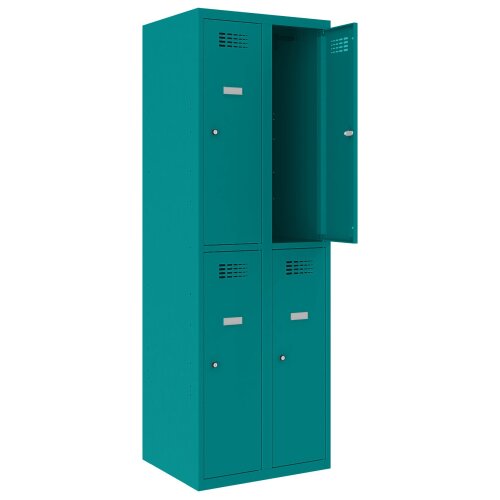 Schliessfachschrank Select 4 Fächer Abteilbreite 300mm Korpus Türkisblau RAL 5018 Türen Türkisblau RAL 5018 Drehriegel