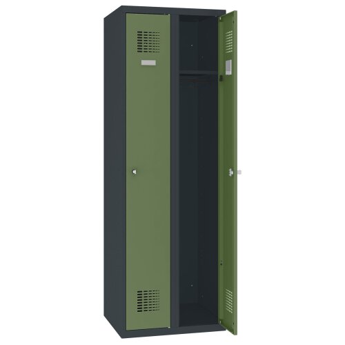 Spind Select 2 Abteile Abteilbreite 300mm Korpus Tiefschwarz RAL 9005 Türen Resedagrün RAL 6011 Zylinderschloss