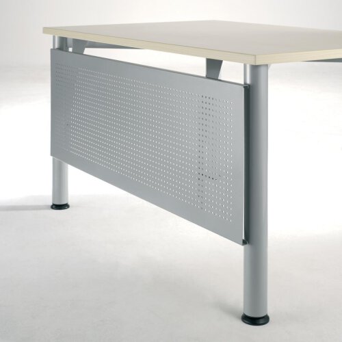 Schreibtisch Freiform 135° rechts Rundfuss, höhenverstellbar,  Weiss/Silber