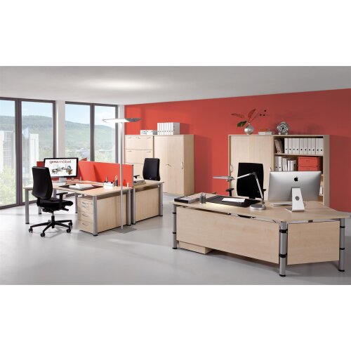 Schreibtisch Freiform 135° rechts Rundfuss, höhenverstellbar,  Weiss/Silber