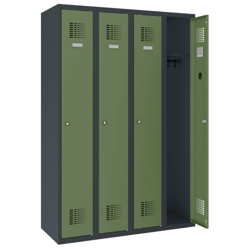 Spind Select 4 Abteile Abteilbreite 300mm Korpus Tiefschwarz RAL 9005 Türen Resedagrün RAL 6011 Zylinderschloss