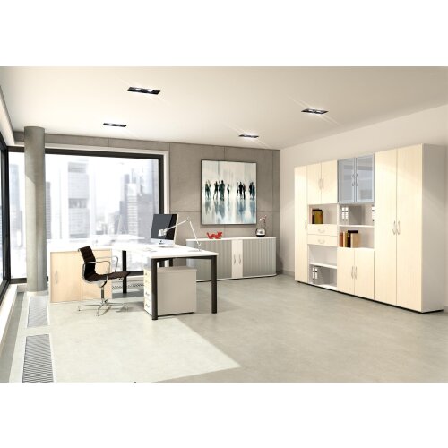 Aktenschrank 2 Ordnerhöhen 75 cm hoch 80 cm breit, Dekor Front: Weiss, Dekor Korpus: Weiss