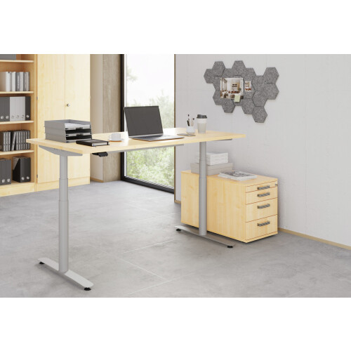 Rollcontainer mit 3 Schubladen, 1 x Utensilienfach, 80 cm Tief abschließbar Grau/ Grau