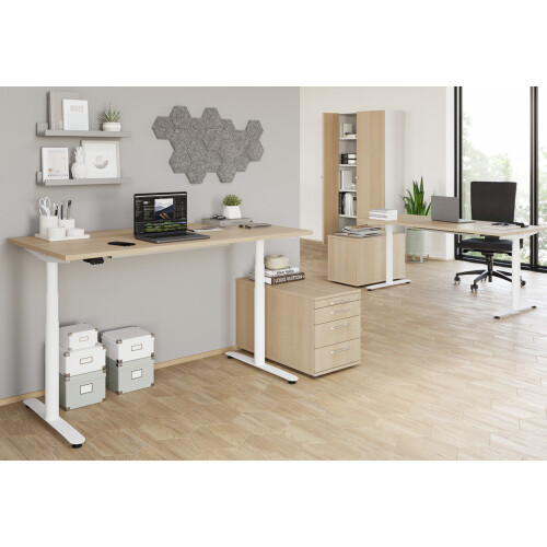 Rollcontainer mit 3 Schubladen, 1 x Utensilienfach, 80 cm Tief abschließbar Grau/ Grau