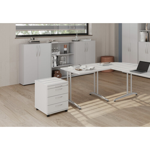 Rollcontainer mit 3 Schubladen, 1 x Utensilienfach, 58 cm Tief abschließbar Grau/ Grau