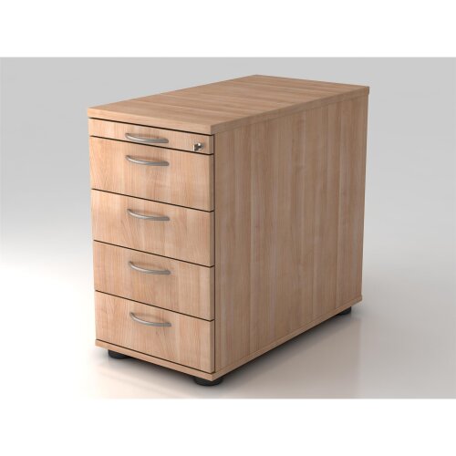 Standcontainer mit 4 Schubladen, 1 x Utensilienfach, 80 cm Tief abschließbar Nussbaum hell/ Nussbaum hell