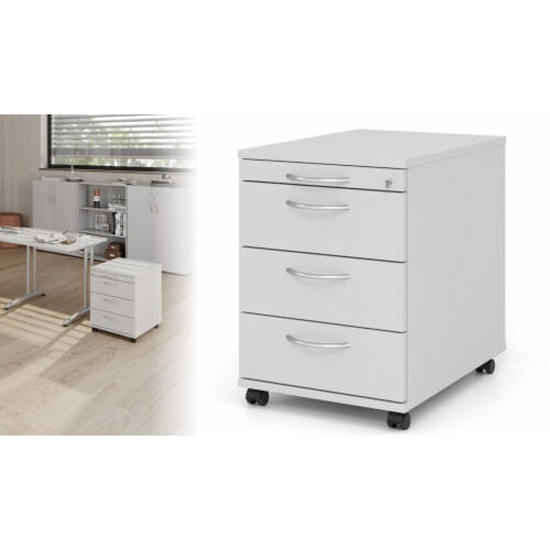 Rollcontainer mit 3 Schubladen, 1 x Utensilienfach, 58 cm Tief abschließbar Nussbaum hell/ Nussbaum hell