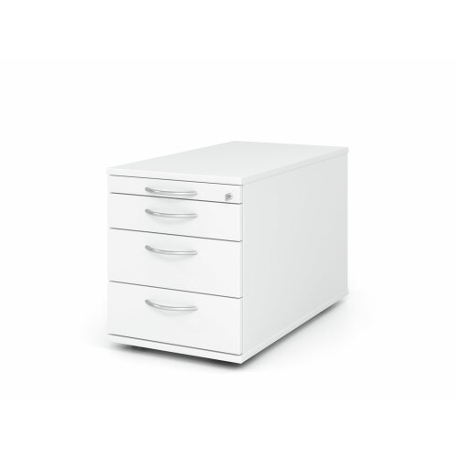 Rollcontainer mit 3 Schubladen, 1 x Utensilienfach, 80 cm Tief abschließbar Weiss/ Weiss