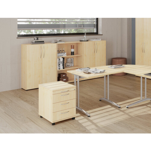 Rollcontainer mit 3 Schubladen, 1 x Utensilienfach, 58 cm Tief abschließbar Weiss/ Weiss