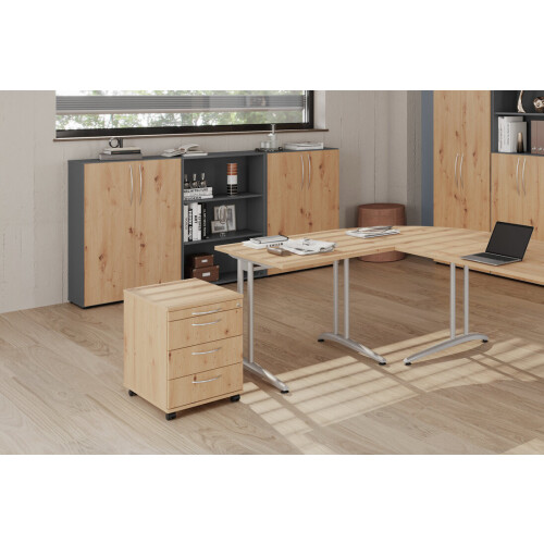 Rollcontainer mit 3 Schubladen, 1 x Utensilienfach, 58 cm Tief abschließbar Weiss/ Weiss