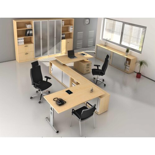 Schubladenschrank 5 Ordnerhöhen mit Sockelblende, 4 Schubladen (2 OH) unten, 3 OH Regal, nicht abschließbar Nussbaum hell/ Nussbaum hell