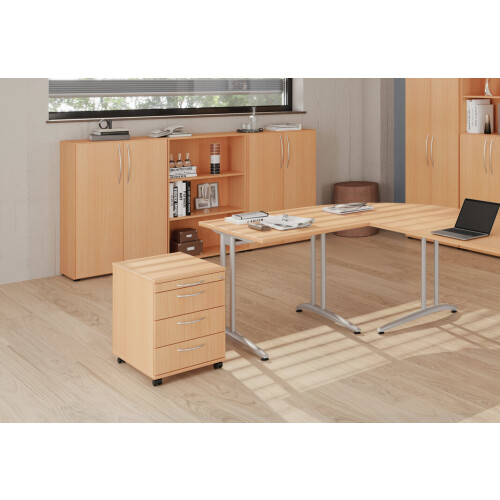 Rollcontainer mit 3 Schubladen, 1 x Utensilienfach, 58 cm Tief abschließbar Nussbaum hell/ Nussbaum hell