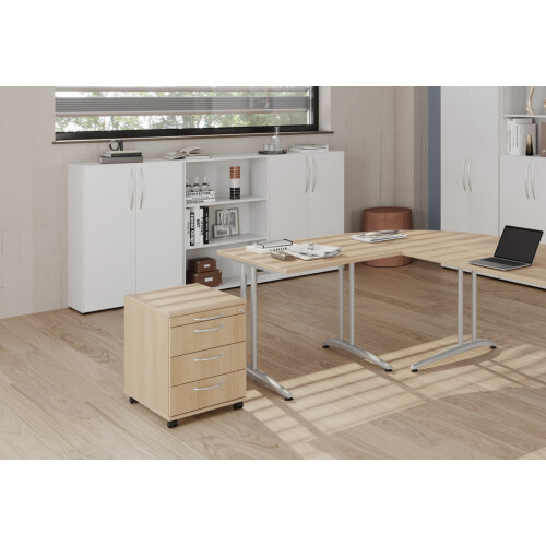 Rollcontainer mit 3 Schubladen, 1 x Utensilienfach, 58 cm Tief abschließbar Nussbaum hell/ Nussbaum hell