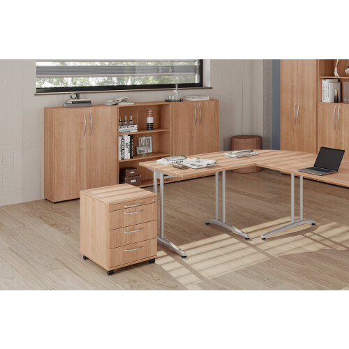 Rollcontainer mit 3 Schubladen, 1 x Utensilienfach, 58 cm Tief abschließbar Nussbaum hell/ Nussbaum hell