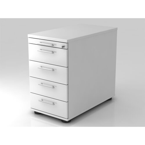 Standcontainer mit 4 Schubladen, 1 x Utensilienfach, 80 cm Tief abschließbar Weiss/ Weiss