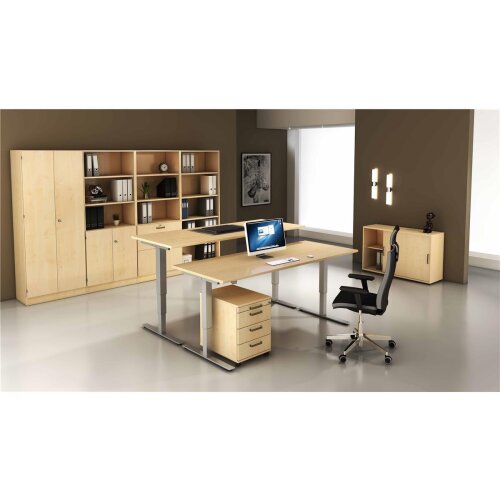 Aktenschrank 3 Ordnerhöhen mit Sockelblende, 80 cm Breit, 127 cm Hoch, abschließbar Weiss/ Eiche