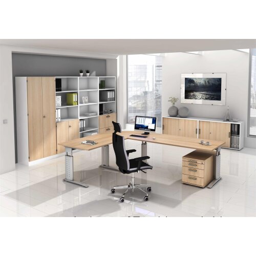 Aktenschrank 3 Ordnerhöhen mit Sockelblende, 80 cm Breit, 127 cm Hoch, abschließbar Weiss/ Eiche