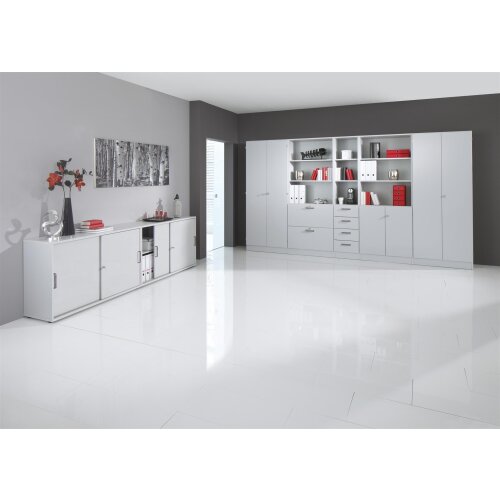 Aktenschrank 3 Ordnerhöhen mit Sockelblende, 80 cm Breit, 127 cm Hoch, abschließbar Weiss/ Eiche