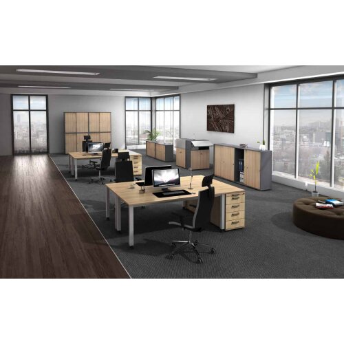 Aktenschrank 3 Ordnerhöhen mit Sockelblende, 80 cm Breit, 127 cm Hoch, abschließbar Weiss/ Eiche