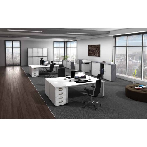 Aktenschrank 3 Ordnerhöhen mit Sockelblende, 80 cm Breit, 127 cm Hoch, abschließbar Weiss/ Eiche