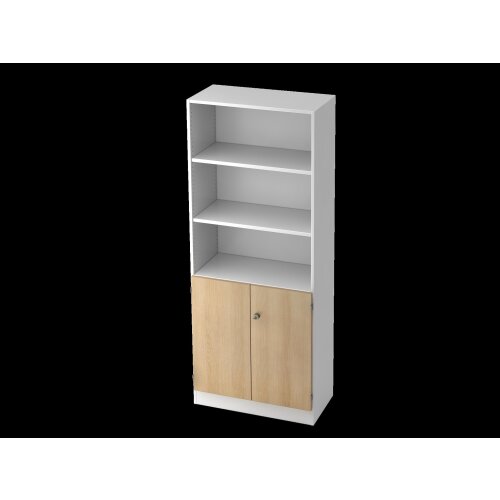Aktenschrank 5 Ordnerhöhen mit Sockelblende, 2 OH Türen unten abschließbar, 3 OH Regal oben Weiss/ Eiche
