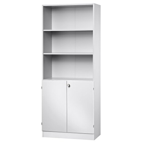 Aktenschrank 5 Ordnerhöhen mit Sockelblende, 2 OH Türen unten abschließbar, 3 OH Regal oben Weiss/ Eiche